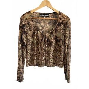 Vintage Y2K Meghan Mathews Top Women's 10 Floral Multicolor Mesh Sheer Tie-Front